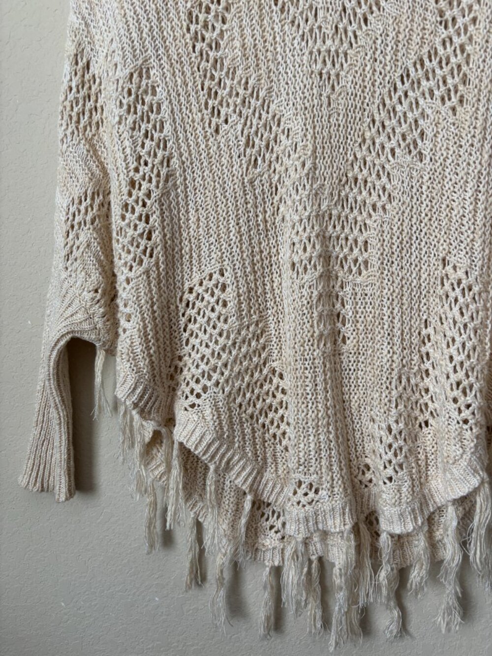 Boho Loose Knit Crochet Fringe Trim Festival Poncho Sweater Top - Picture 6 of 8